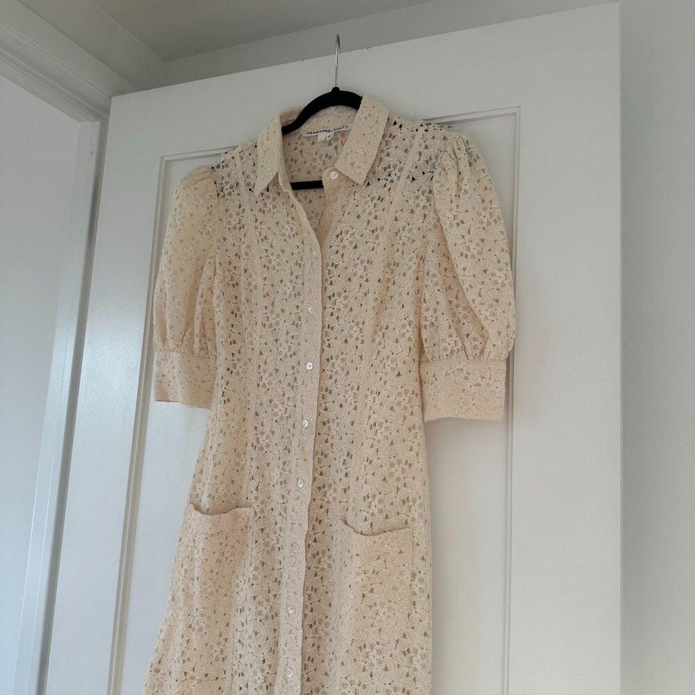 Veronica Beard Lace Mini Shirt Dress Sz 4 In Stone Khaki Button Down Puff Sleeve